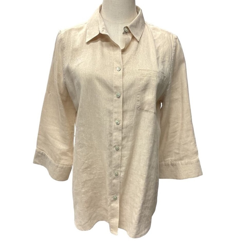 Chico's Linen Metallic Gold Button Up Shirt Long Sleeve Pockets Size 1 US 8/10